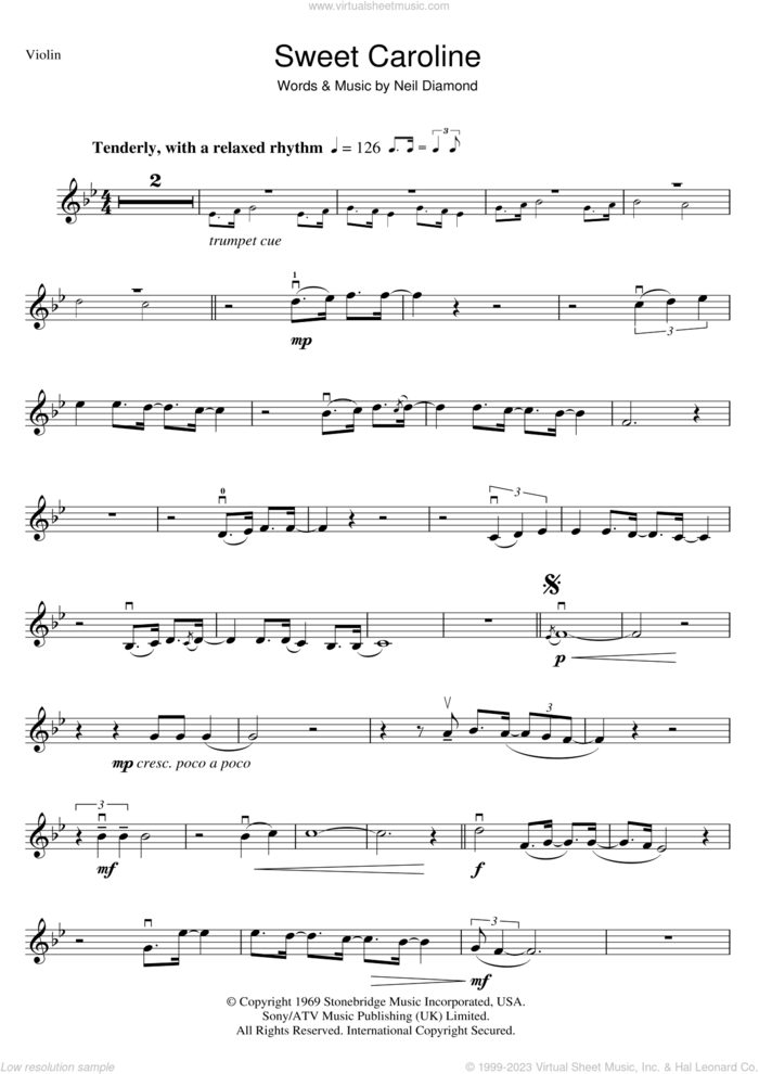 Sweet Caroline sheet music for violin solo by Neil Diamond, intermediate skill level