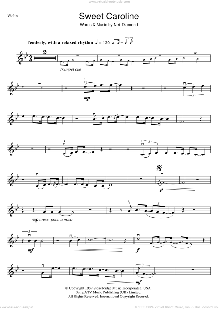 Sweet Caroline sheet music for violin solo by Neil Diamond, intermediate skill level