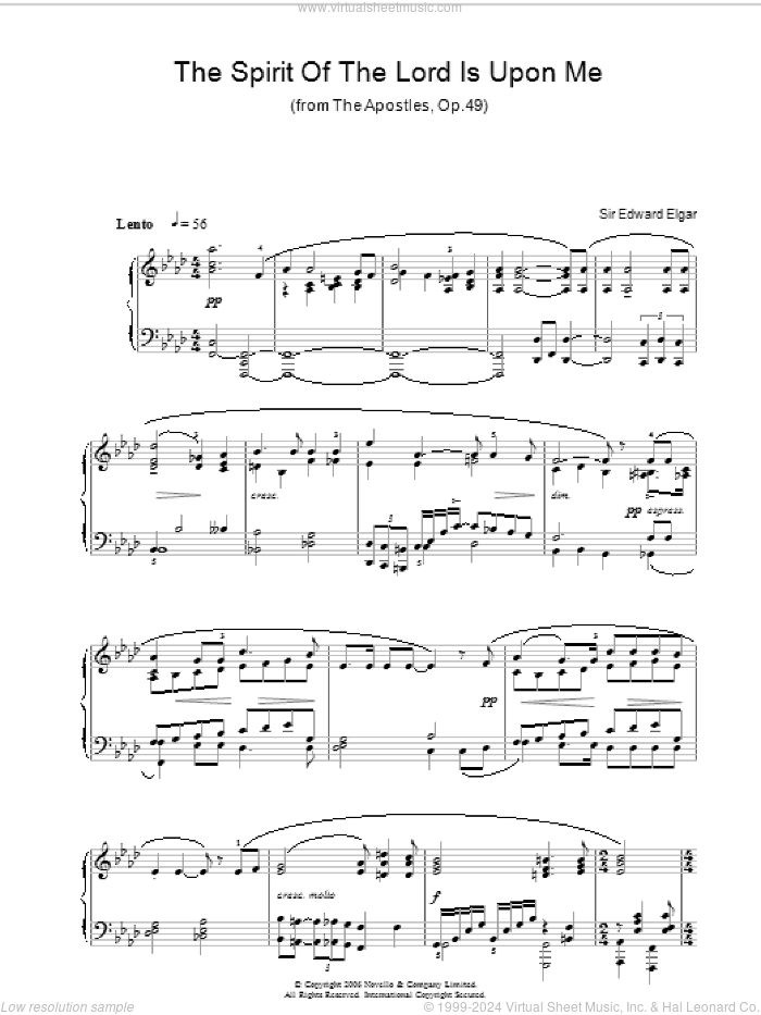 The Spirit Of The Lord Is Upon Me (from The Apostles, Op.49) sheet music for piano solo by Edward Elgar, classical score, intermediate skill level