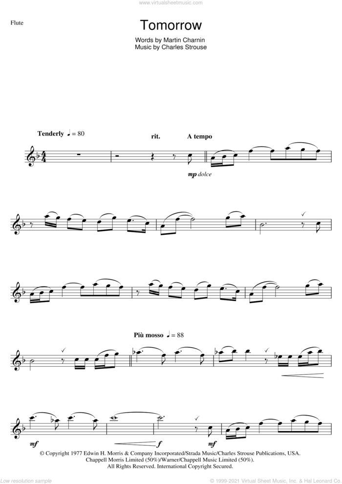 Tomorrow (from Annie) sheet music for flute solo by Charles Strouse and Martin Charnin, intermediate skill level