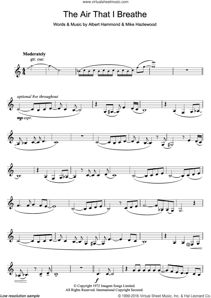 The Air That I Breathe sheet music for clarinet solo by The Hollies, Albert Hammond and Michael Hazlewood, intermediate skill level