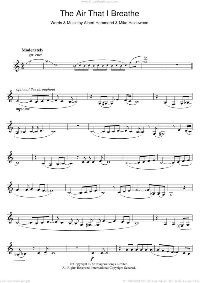 The Air That I Breathe sheet music for clarinet solo by The Hollies, Albert Hammond and Michael Hazlewood, intermediate skill level