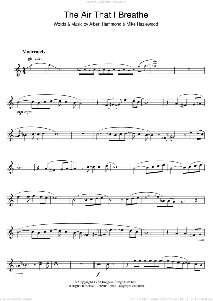 The Air That I Breathe sheet music for tenor saxophone solo by The Hollies, Albert Hammond and Michael Hazlewood, intermediate skill level