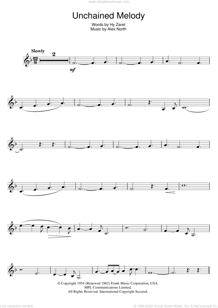 Unchained Melody sheet music for clarinet solo by The Righteous Brothers, Alex North and Hy Zaret, wedding score, intermediate skill level