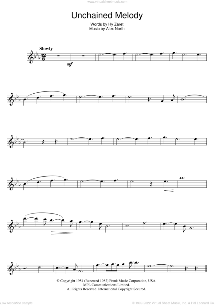 Unchained Melody sheet music for flute solo by The Righteous Brothers, Alex North and Hy Zaret, wedding score, intermediate skill level