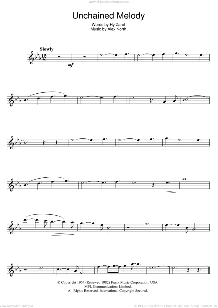 Unchained Melody sheet music for flute solo by The Righteous Brothers, Alex North and Hy Zaret, wedding score, intermediate skill level