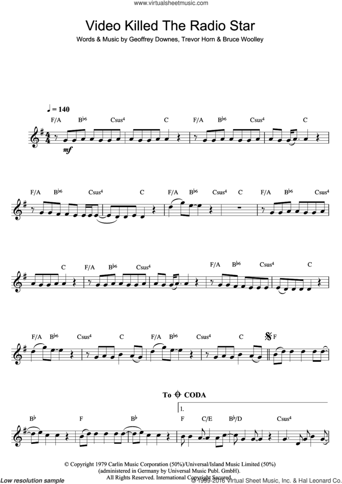 Video Killed The Radio Star sheet music for clarinet solo by Geoff Downes, The Buggles, Bruce Woolley and Trevor Horn, intermediate skill level
