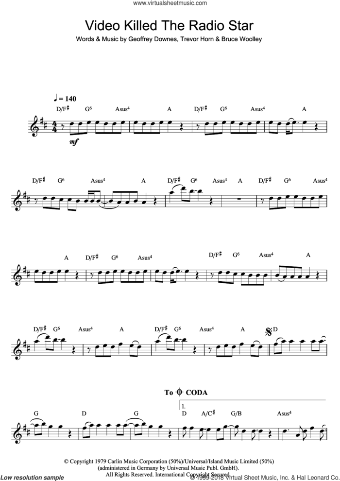 Video Killed The Radio Star sheet music for flute solo by The Buggles, Bruce Woolley, Geoff Downes and Trevor Horn, intermediate skill level