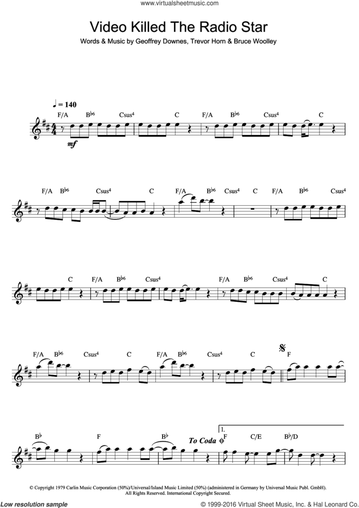 Video Killed The Radio Star sheet music for saxophone solo by Geoff Downes, The Buggles, Bruce Woolley and Trevor Horn, intermediate skill level