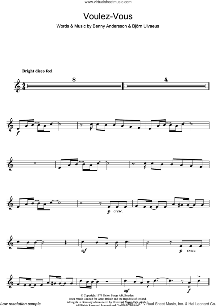 Voulez Vous sheet music for clarinet solo by ABBA, Benny Andersson and Bjorn Ulvaeus, intermediate skill level
