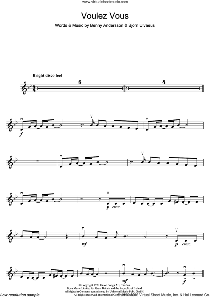 Voulez Vous sheet music for violin solo by ABBA, Benny Andersson and Bjorn Ulvaeus, intermediate skill level