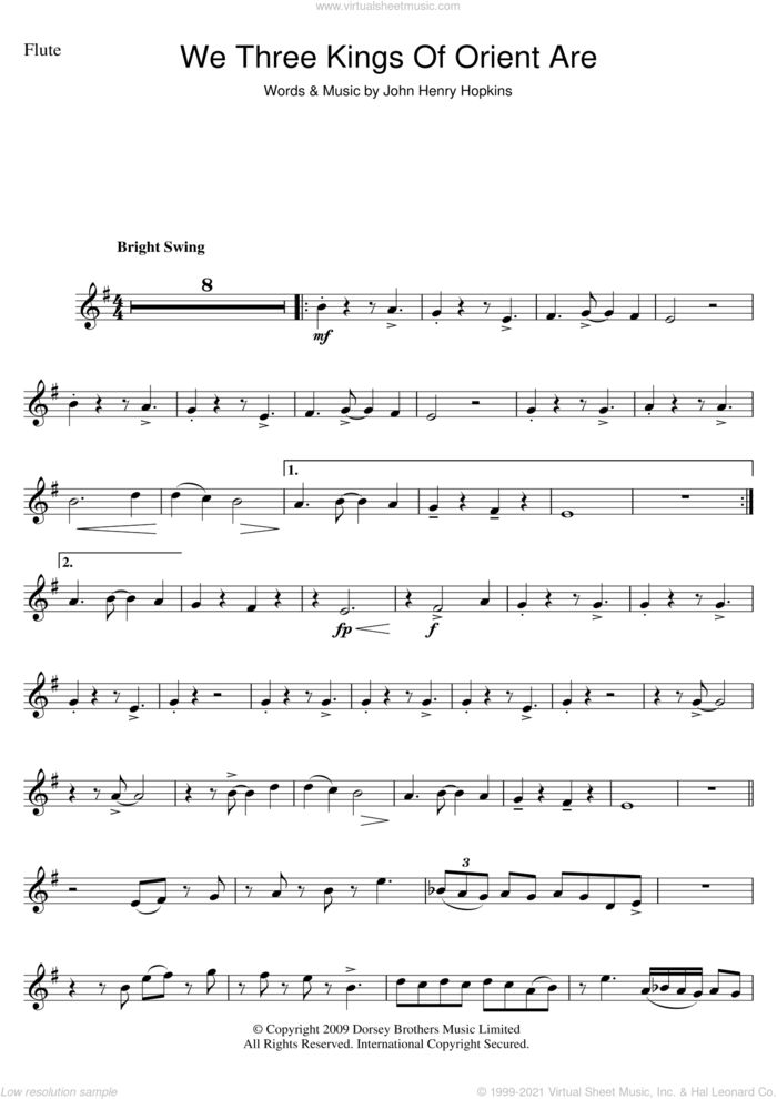 We Three Kings Of Orient Are sheet music for flute solo by John H. Hopkins, Jr. and Miscellaneous, intermediate skill level