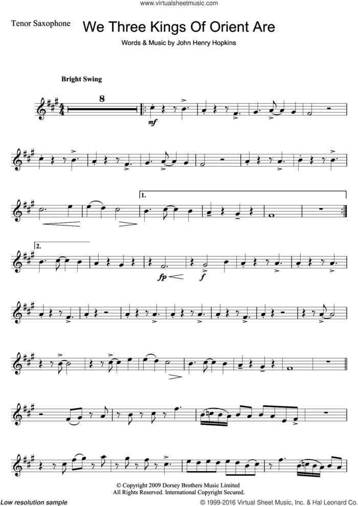 We Three Kings Of Orient Are sheet music for tenor saxophone solo by John H. Hopkins, Jr. and Miscellaneous, intermediate skill level