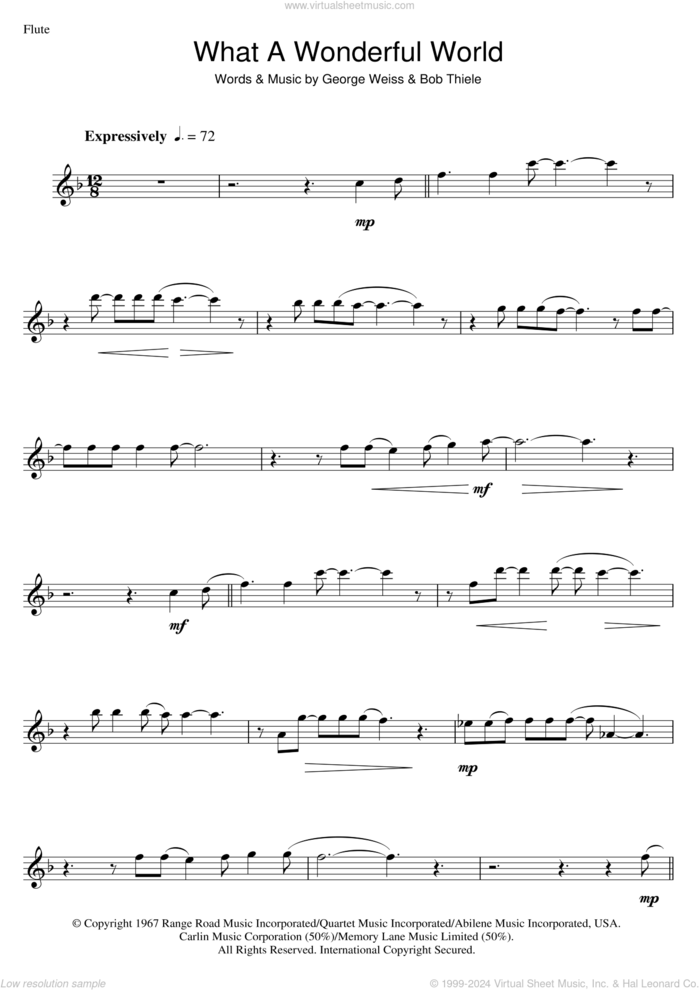 What A Wonderful World sheet music for flute solo by Louis Armstrong, Bob Thiele and George David Weiss, intermediate skill level