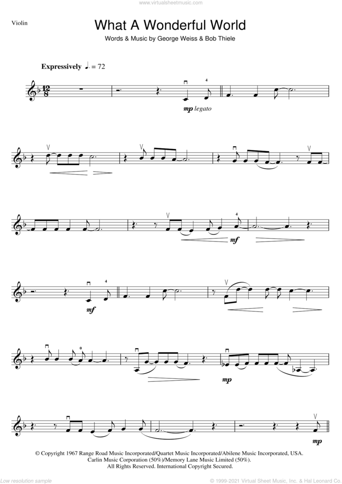 What A Wonderful World sheet music for violin solo by Louis Armstrong, Bob Thiele and George David Weiss, intermediate skill level