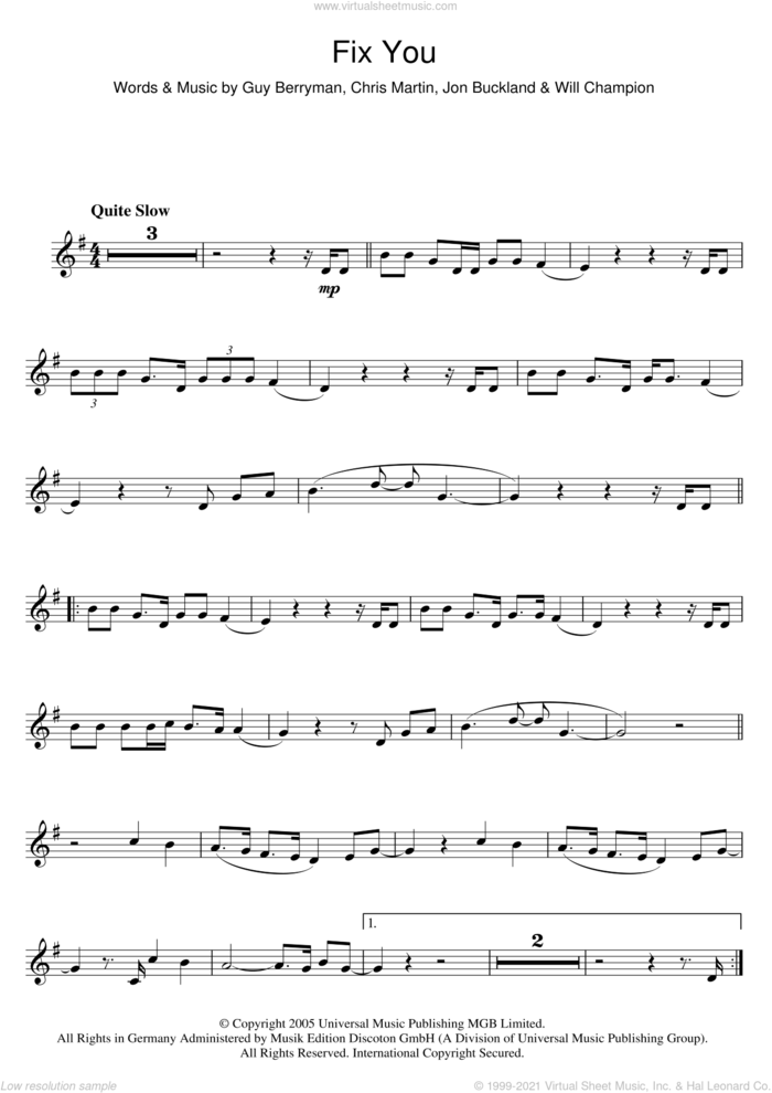 Fix You sheet music for clarinet solo by Coldplay, Chris Martin, Guy Berryman, Jonny Buckland and Will Champion, intermediate skill level