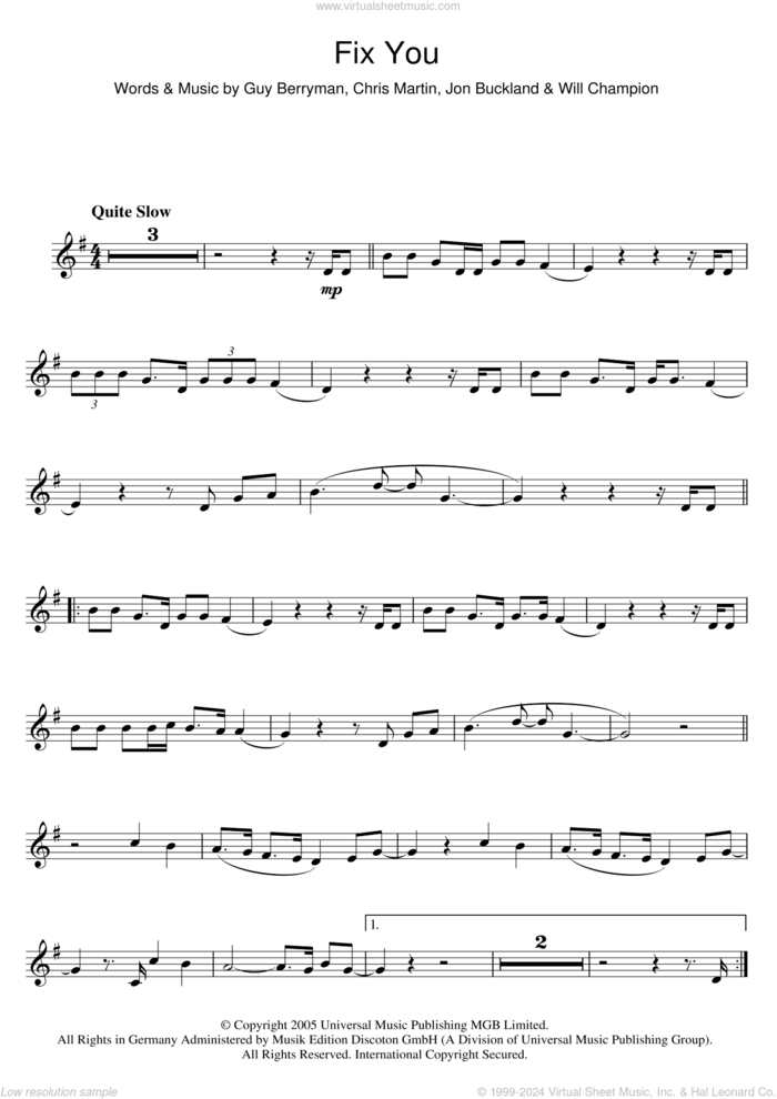 Fix You sheet music for clarinet solo by Coldplay, Chris Martin, Guy Berryman, Jonny Buckland and Will Champion, intermediate skill level