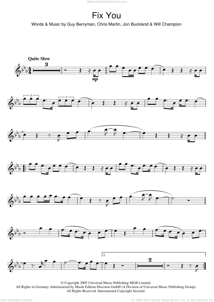 Fix You sheet music for flute solo by Coldplay, Chris Martin, Guy Berryman, Jonny Buckland and Will Champion, intermediate skill level