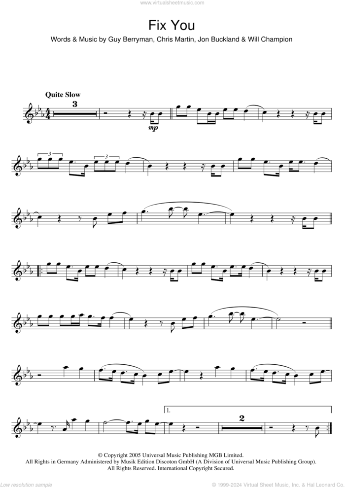 Fix You sheet music for flute solo by Coldplay, Chris Martin, Guy Berryman, Jonny Buckland and Will Champion, intermediate skill level