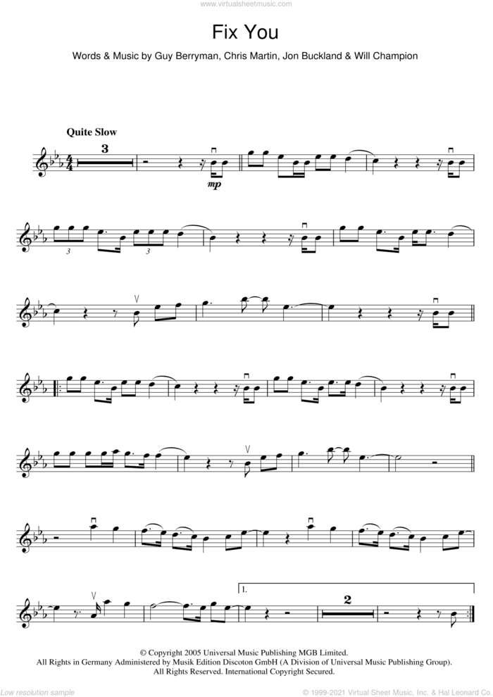 Fix You sheet music for violin solo by Coldplay, Chris Martin, Guy Berryman, Jonny Buckland and Will Champion, intermediate skill level