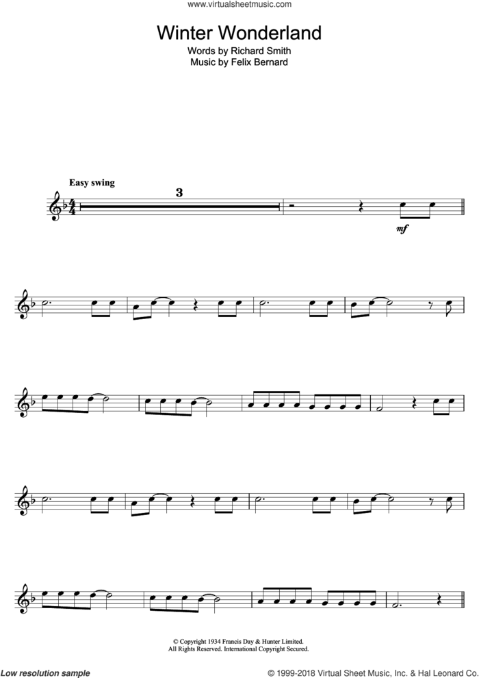 Winter Wonderland sheet music for flute solo by Felix Bernard and Richard Smith, intermediate skill level
