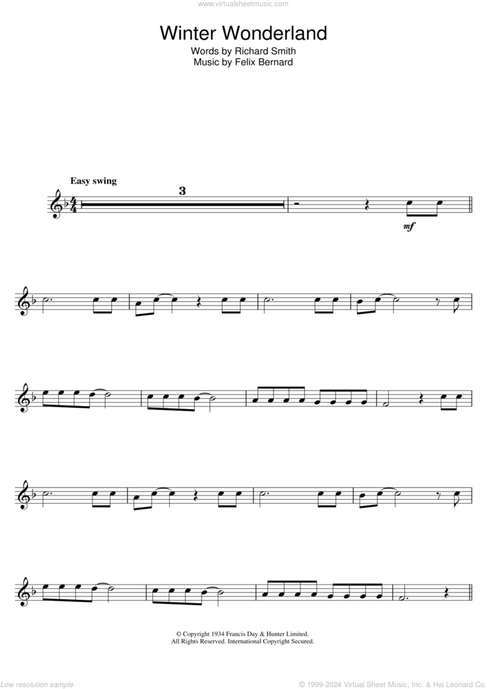 Winter Wonderland sheet music for flute solo by Felix Bernard and Richard Smith, intermediate skill level