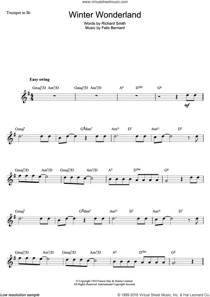 Winter Wonderland sheet music for trumpet solo by Felix Bernard and Richard Smith, intermediate skill level