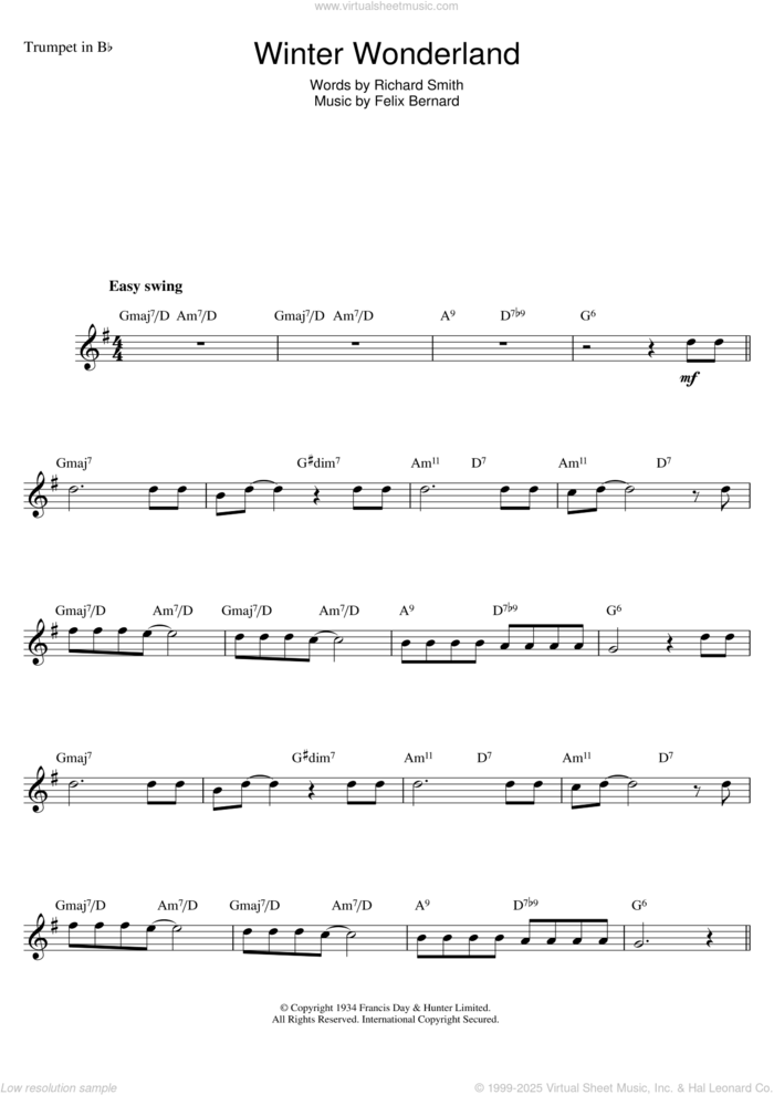 Winter Wonderland sheet music for trumpet solo by Felix Bernard and Richard Smith, intermediate skill level