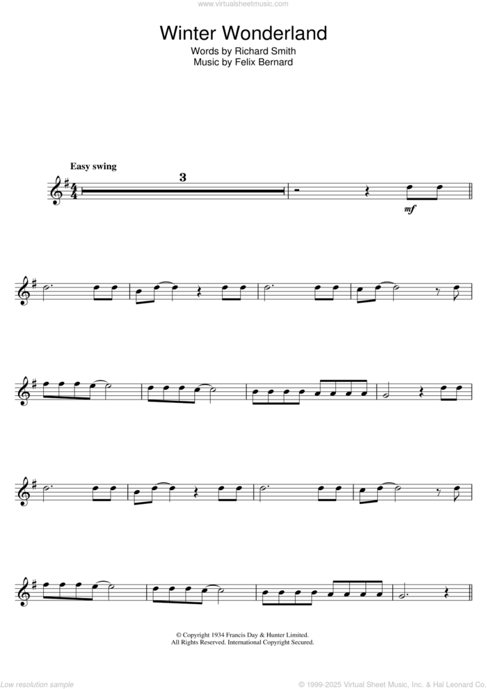 Winter Wonderland sheet music for tenor saxophone solo by Felix Bernard and Richard Smith, intermediate skill level