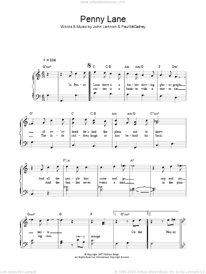 Penny Lane sheet music for voice, piano or guitar by The Beatles, John Lennon and Paul McCartney, intermediate skill level