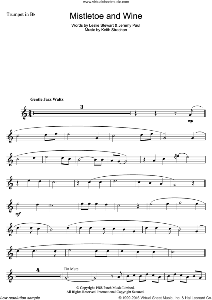Mistletoe And Wine sheet music for trumpet solo by Cliff Richard, Jeremy Paul, Keith Strachan and Leslie Stewart, intermediate skill level
