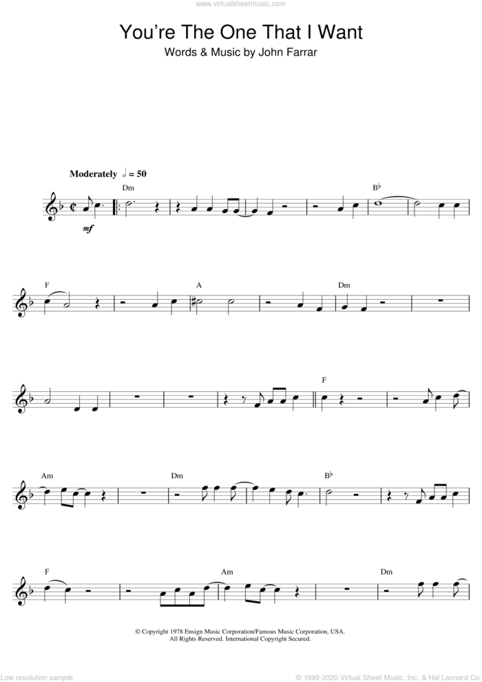 You're The One That I Want (from Grease) sheet music for saxophone solo by John Farrar, John Travolta and Olivia Newton-John, intermediate skill level