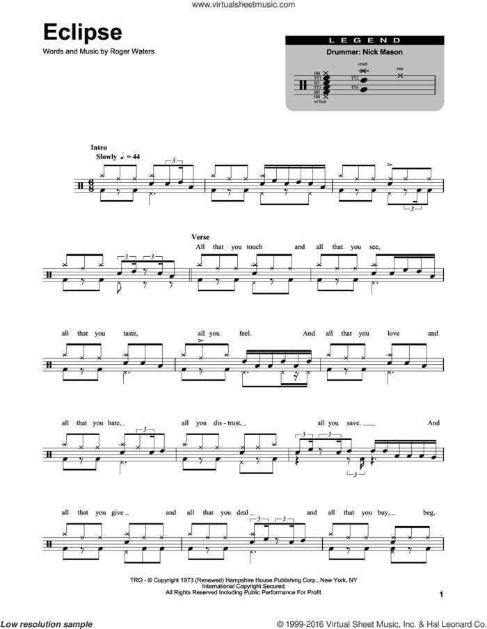 Eclipse sheet music for drums by Pink Floyd and Roger Waters, intermediate skill level