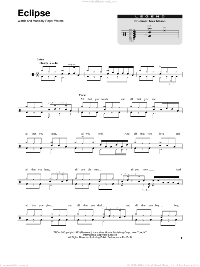 Eclipse sheet music for drums by Pink Floyd and Roger Waters, intermediate skill level