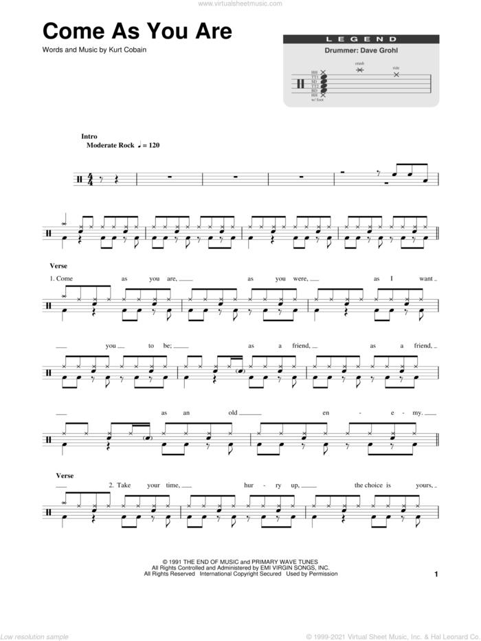 Come As You Are sheet music for drums by Nirvana and Kurt Cobain, intermediate skill level