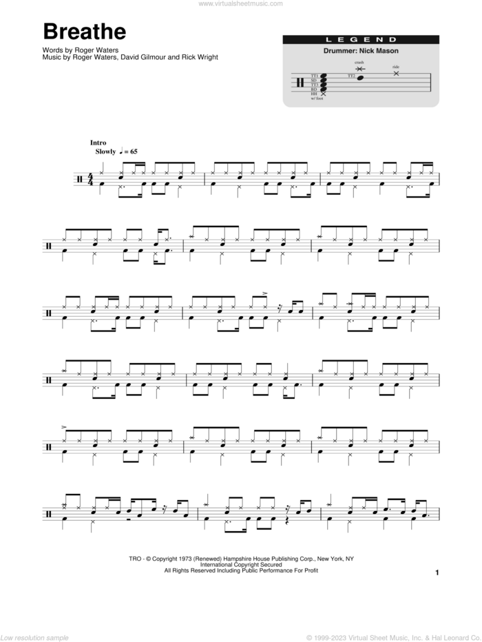 Breathe sheet music for drums by Pink Floyd, David Gilmour, Richard Wright and Roger Waters, intermediate skill level