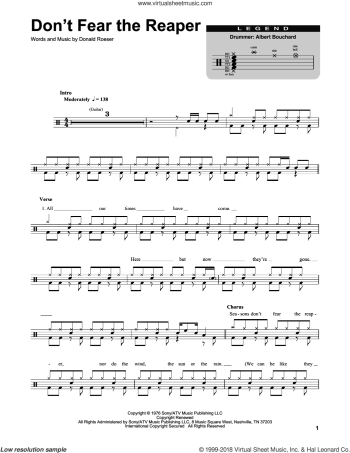 Don't Fear The Reaper sheet music for drums by Blue Oyster Cult and Donald Roeser, intermediate skill level