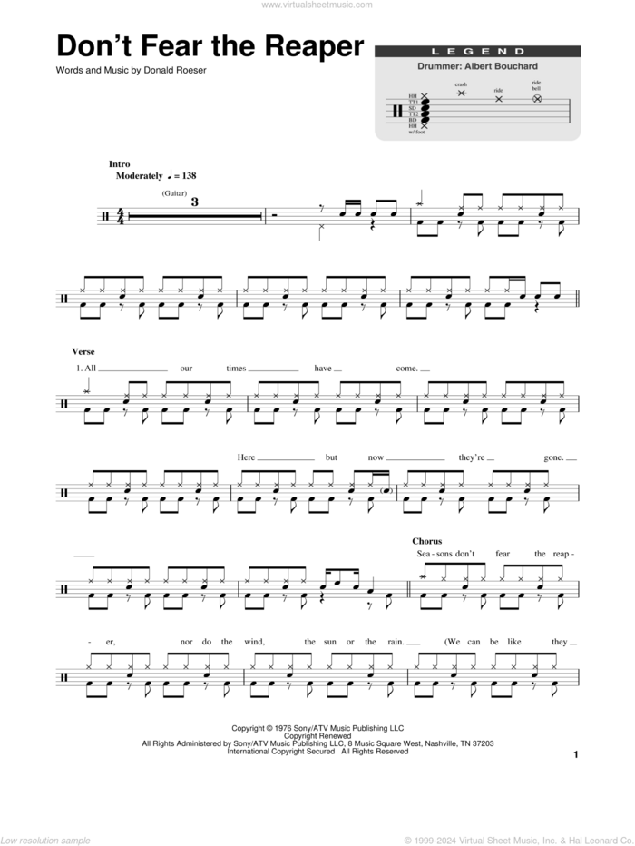 Don't Fear The Reaper sheet music for drums by Blue Oyster Cult and Donald Roeser, intermediate skill level