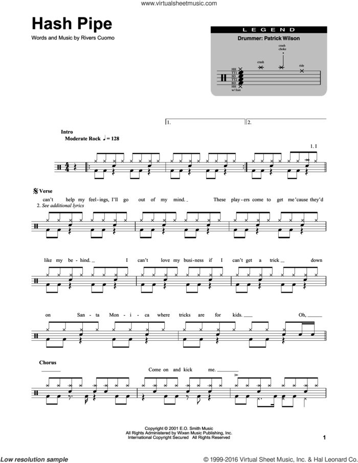 Hash Pipe sheet music for drums by Weezer and Rivers Cuomo, intermediate skill level