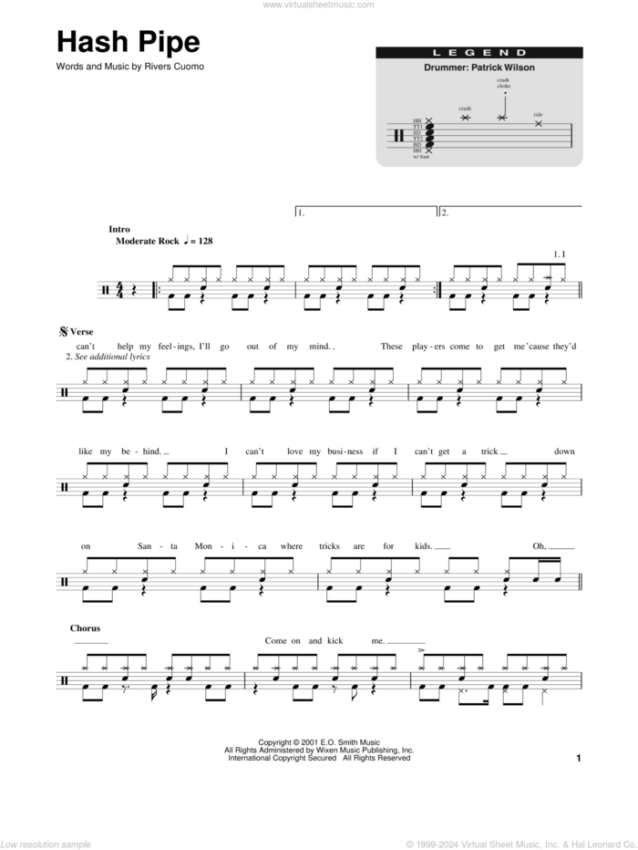 Hash Pipe sheet music for drums by Weezer and Rivers Cuomo, intermediate skill level