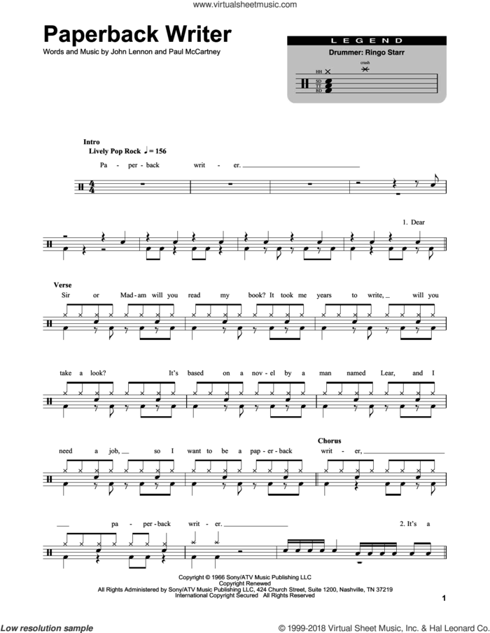 Paperback Writer sheet music for drums by The Beatles, John Lennon and Paul McCartney, intermediate skill level