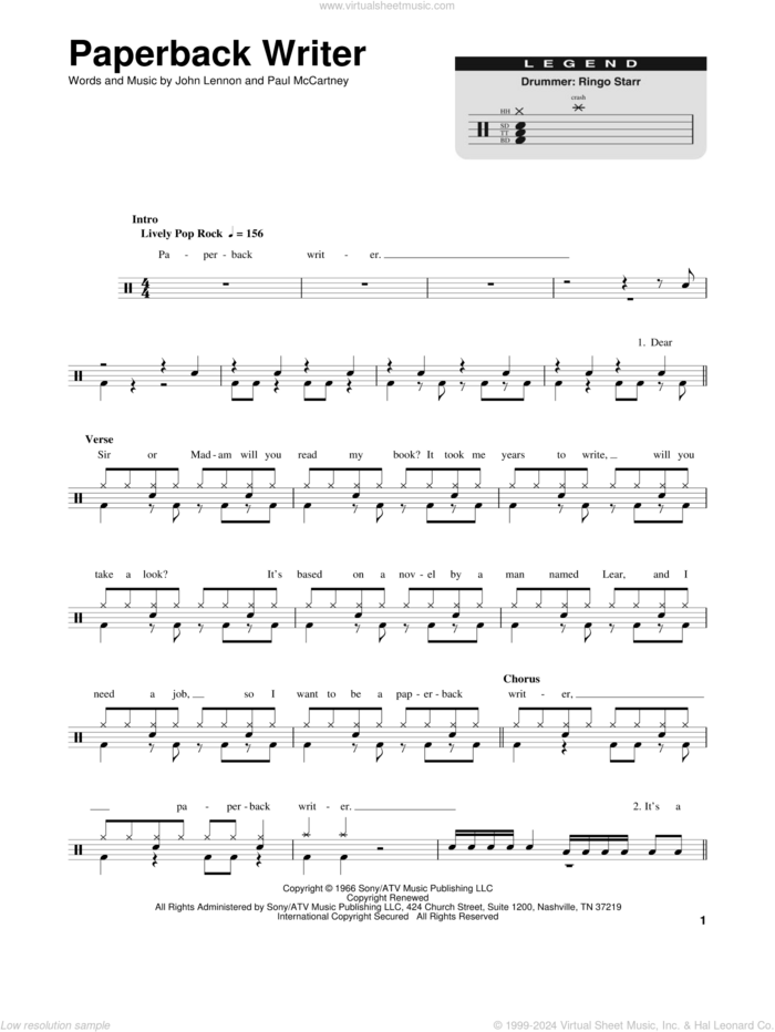 Paperback Writer sheet music for drums by The Beatles, John Lennon and Paul McCartney, intermediate skill level