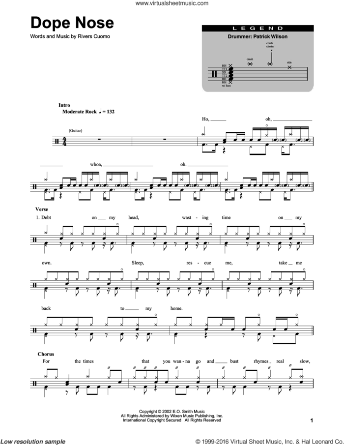 Dope Nose sheet music for drums by Weezer and Rivers Cuomo, intermediate skill level