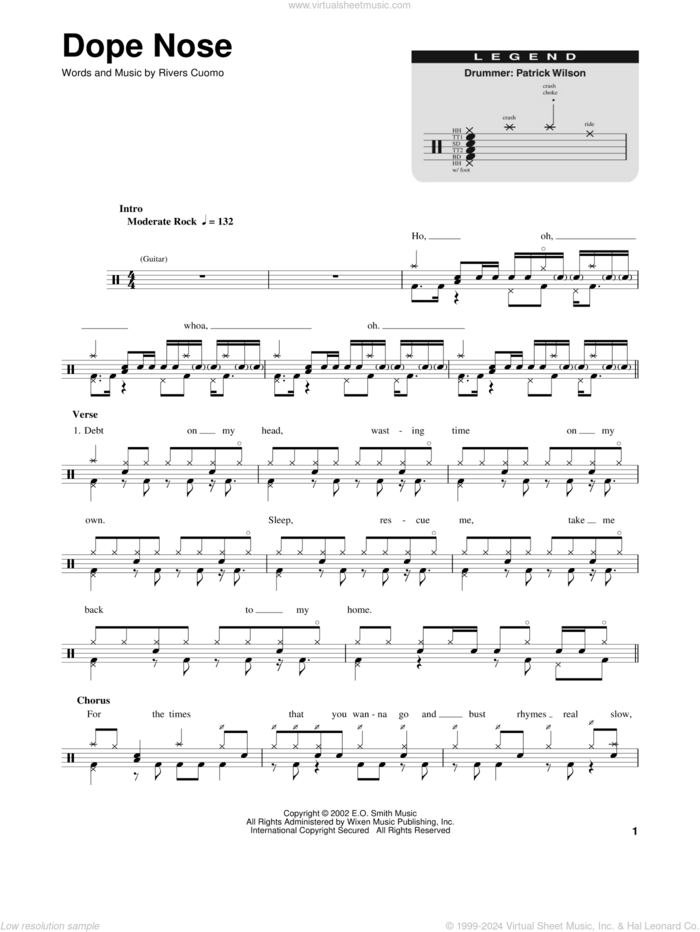 Dope Nose sheet music for drums by Weezer and Rivers Cuomo, intermediate skill level