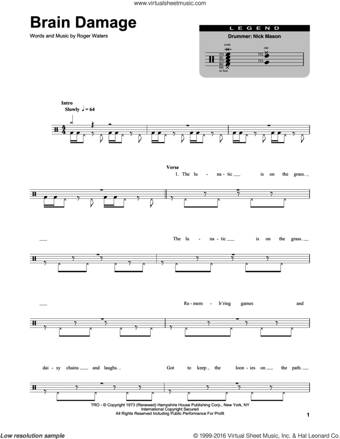 Brain Damage sheet music for drums by Pink Floyd and Roger Waters, intermediate skill level