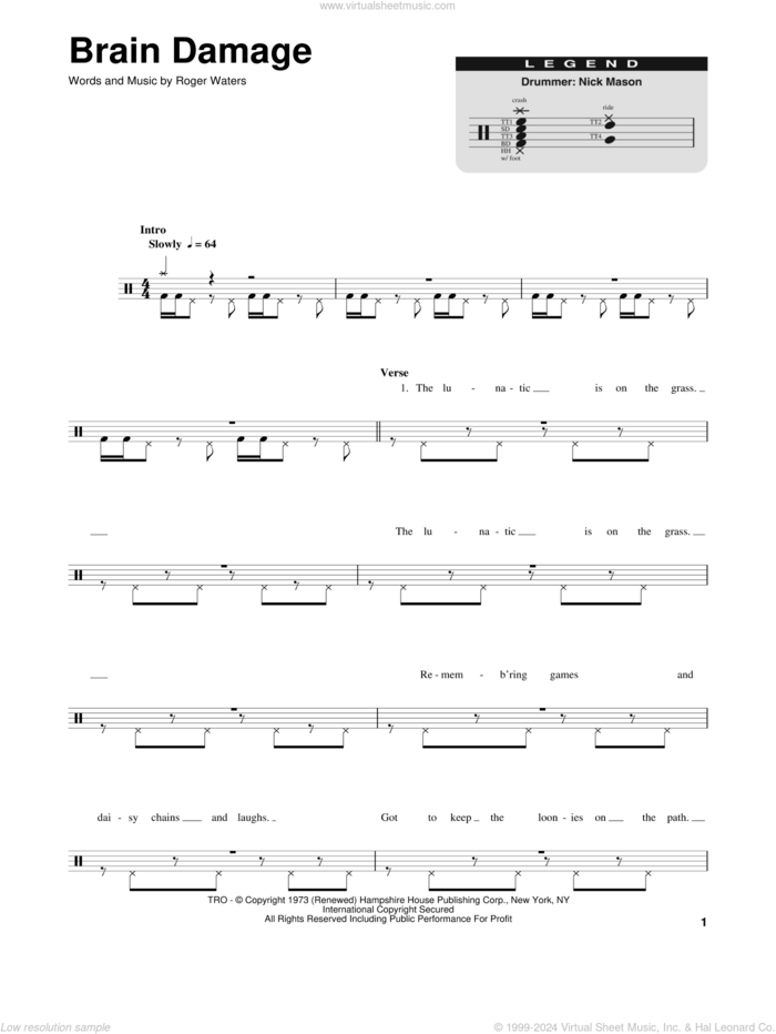 Brain Damage sheet music for drums by Pink Floyd and Roger Waters, intermediate skill level