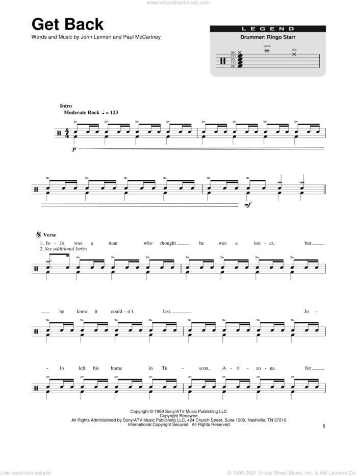 Get Back sheet music for drums by The Beatles, John Lennon and Paul McCartney, intermediate skill level
