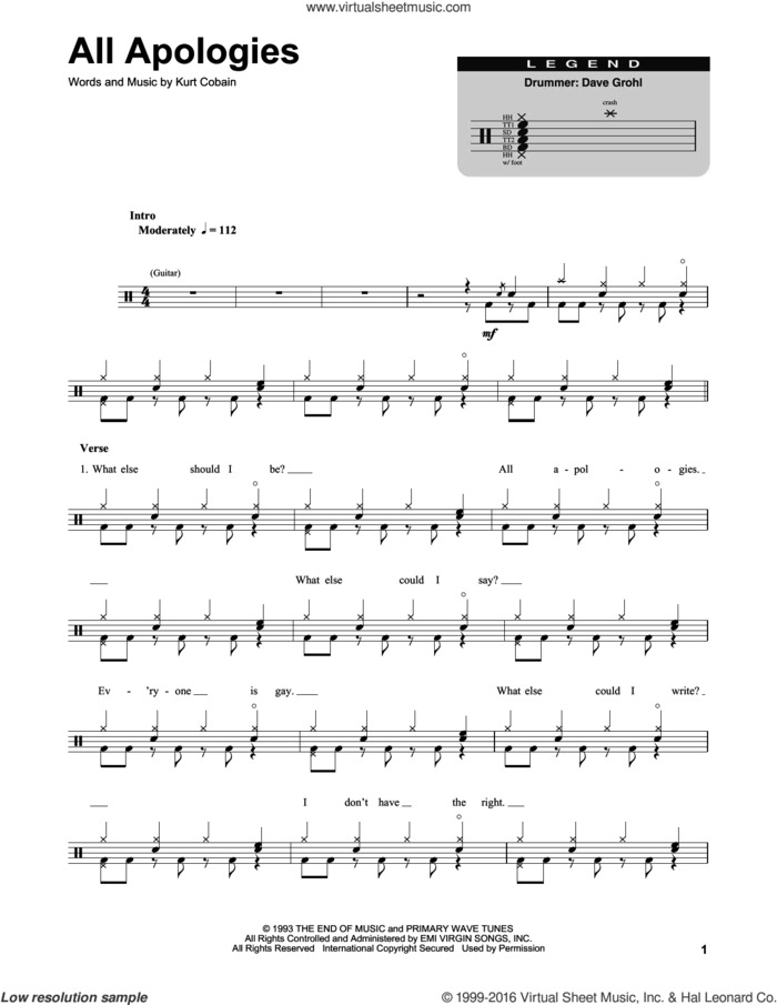 All Apologies sheet music for drums by Nirvana and Kurt Cobain, intermediate skill level