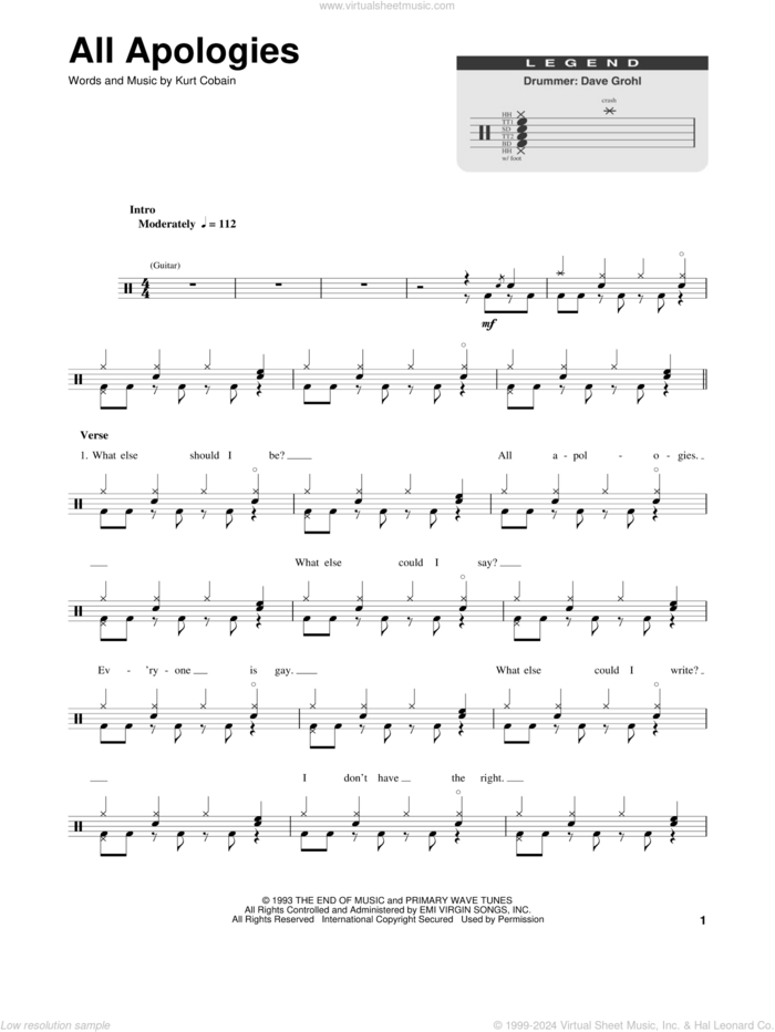 All Apologies sheet music for drums by Nirvana and Kurt Cobain, intermediate skill level