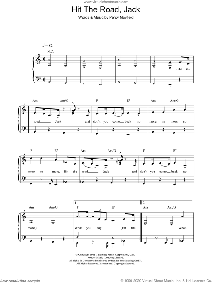 Hit The Road Jack sheet music for piano solo by Ray Charles and Percy Mayfield, easy skill level